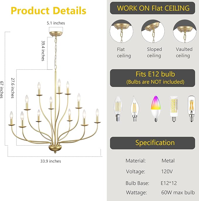 Gold Chandelier 12 Light, Large Painted Gold Light Fixture Modern Suspended Farmhouse Dining Table Candle Brass Chandelier Lighting for Bedroom Hallway Entryway Living Room Kitchen 34in Chandeliers