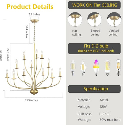 Gold Chandelier 12 Light, Large Painted Gold Light Fixture Modern Suspended Farmhouse Dining Table Candle Brass Chandelier Lighting for Bedroom Hallway Entryway Living Room Kitchen 34in Chandeliers