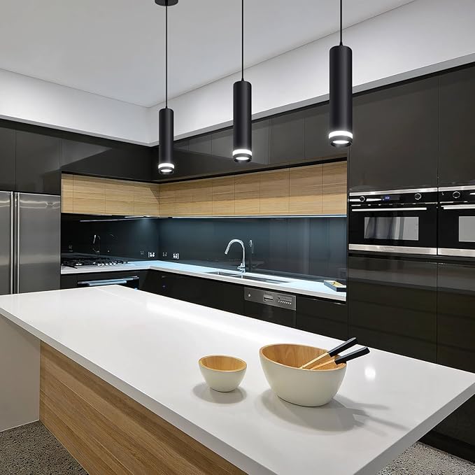 OKELI Modern Pendant Lights, Black LED Pendant Lights Fixtures,3 Color Pendant Lighting for Kitchen Island, Bar,12W,3000K-6000K,ETL(1pack)