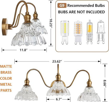 Vintage 3-Light Wall Sconces Modern Brass Bathroom Vanity Lighting Fixtures Glass Retro Vanity Light for Bedroom, Bathroom, Doorway, Foyer, Hallway Light