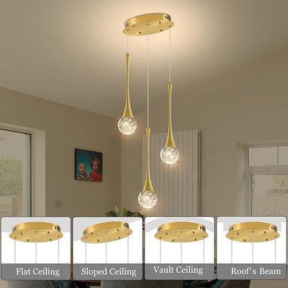 Modern Crystal Staircase Chandelier Polished Gold 3-Lights, H59'' High Ceiling Spiral Dimmable LED Raindrop Foyer Entryway Light Fixture Remote Control