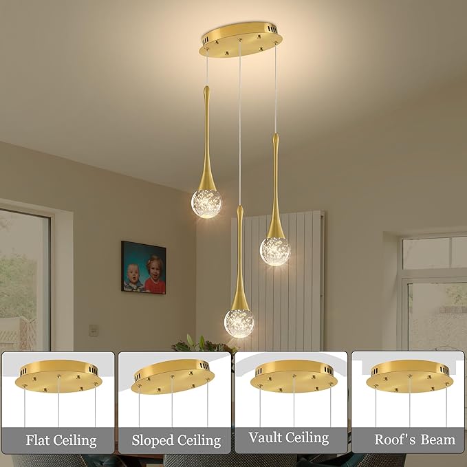Modern Crystal Kitchen Island Chandelier 3-Lights Gold, LED Dimmable Raindrop Indoor Lighting Fixture for Dining Room Foyer Entryway Remote Control