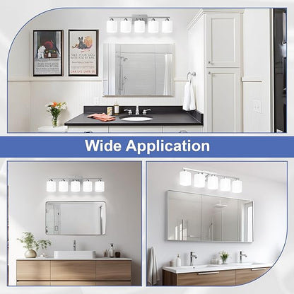 Bathroom Lighting Fixtures Over Mirror, Anti-Rust Vanity Light Fixture for Bathroom, Modern 5-Light Wall Sconce Light for Living Room, E26 Base, Milky White Glass Shades, Bulbs Not Included
