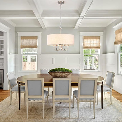 Drum Modern Chandeliers for Dining Room Light Fixture 5 Lights Brushed Nickel Chandelier with Linen Lampshade 19” Farmhouse Chandelier Large Pendant Lighting Fixtures for Foyer Entryway Kitchen