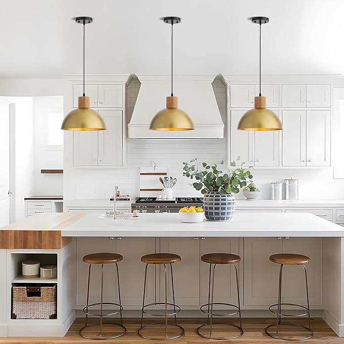 Gold Pendant Light, 11.8" Wood Pendant Lights Fixtures Adjustable Modern Dome Hanging Lighting,for Kitchen Island Dining Room Farmhouse Sink Office Bedroom