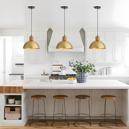 Gold Pendant Light, 11.8" Wood Pendant Lights Fixtures Adjustable Modern Dome Hanging Lighting,for Kitchen Island Dining Room Farmhouse Sink Office Bedroom