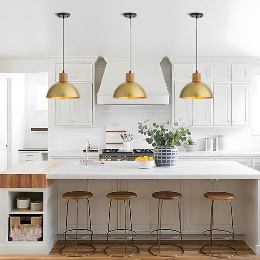 Gold Pendant Light, 11.8" Wood Pendant Lights Fixtures Adjustable Modern Dome Hanging Lighting,for Kitchen Island Dining Room Farmhouse Sink Office Bedroom