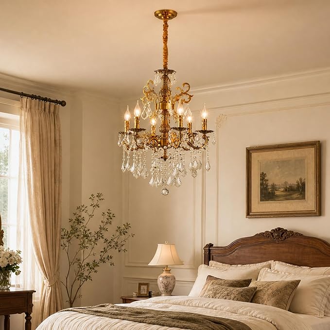 Vintage 6 Arms Crystal Chandelier Candle Light Fixture for Dining Room Living Room Bedroom Hallway Entryway Antique Gold Finish (23"-6 Lights)