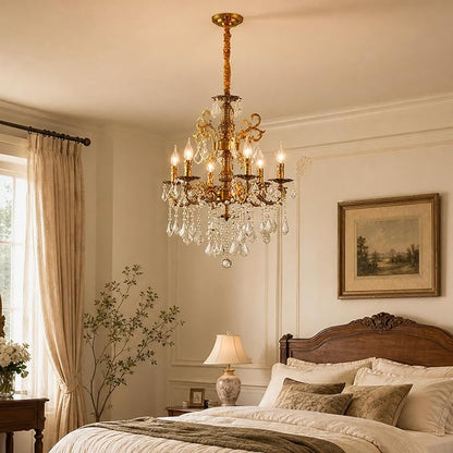 Vintage 6 Arms Crystal Chandelier Candle Light Fixture for Dining Room Living Room Bedroom Hallway Entryway Antique Gold Finish (23"-6 Lights)