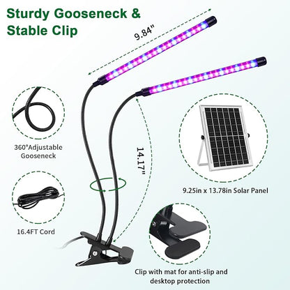 Solar Plant Grow Light with Battery Run Day/Night, 2 Heads 40 LED Clip On Full Spectrum Plant Light with 16.4FT Cable/USB Charging/Timer/Dimmable for Outdoor Indoor All Stage Plants
