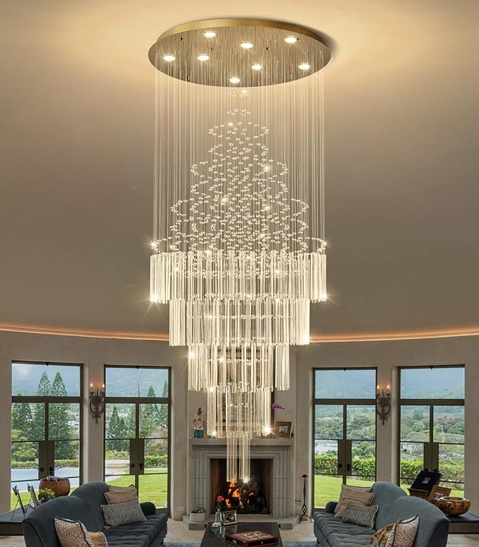 HAIXIANG W24 x H78 Crystal Glam Chandelier Long Light Chandeliers with Dimmable Light Bulbs High Ceiling Light Fixtures for Foyer Entryway Living Room Stair Gold