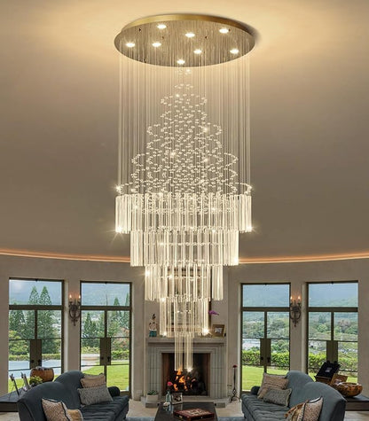 HAIXIANG W24 x H78 Crystal Glam Chandelier Long Light Chandeliers with Dimmable Light Bulbs High Ceiling Light Fixtures for Foyer Entryway Living Room Stair Gold