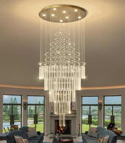 HAIXIANG W24 x H78 Crystal Glam Chandelier Long Light Chandeliers with Dimmable Light Bulbs High Ceiling Light Fixtures for Foyer Entryway Living Room Stair Gold