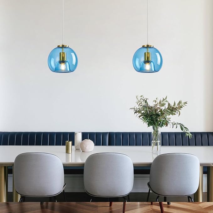 Light Blue Glass Pendant Lights Kitchen Island Gold Hanging Light Fixture Glass Globe Pendant Light Modern Pendant Lighting for Kitchen Island Bedroom Dining Room (7.87", B Style-1 Pack)