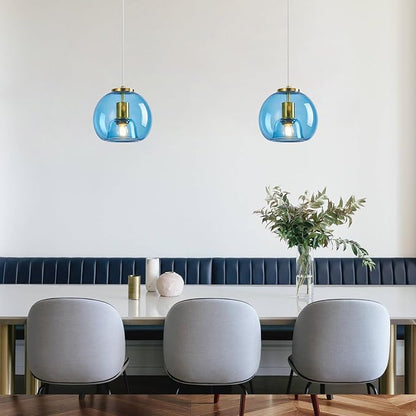 Light Blue Glass Pendant Lights Kitchen Island Gold Hanging Light Fixture Glass Globe Pendant Light Modern Pendant Lighting for Kitchen Island Bedroom Dining Room (7.87", B Style-1 Pack)
