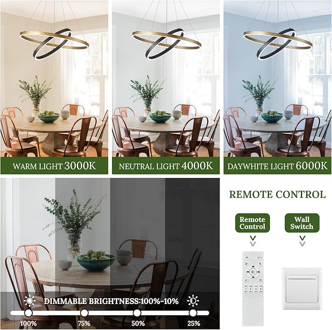 2 Ring LED Chandelier Black Gold Chandelier for Dining Room 24in Dimmable Circular Chandeliers Light Round Chandeliers for Bedroom Kitchen Entryway Living Room