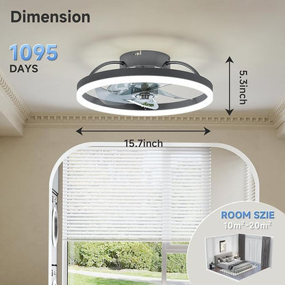 VOLISUN Low Profile Ceiling Fan with Lights and Remote, 15.7in Bladeless Ceiling Fans with Light Flush Mount, 3000K-6500K Dimmable Modern LED Fan Light, Black Fandelier Ceiling Fans for Bedroom