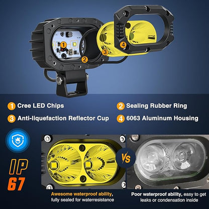 Nilight LED Pod Light 24W 4 Inch 2PCS Yellow Flood Beam Driving Lights Pods IP67 Waterproof Auxiliary Offroad Lighting for Truck Tractor SUV ATV UTV Golf Cart Boat Motorcycle Dirt Bike