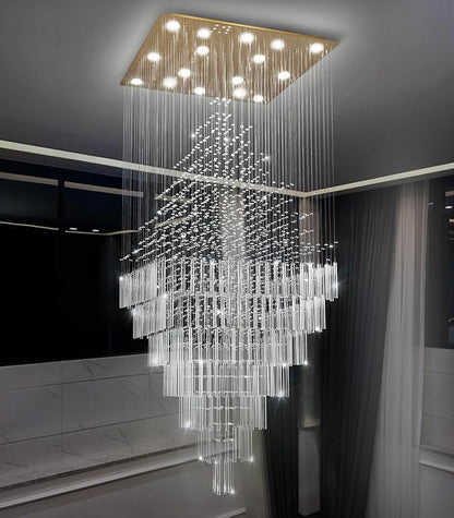 HAIXIANG W40 x H120 Glam Chandelier with LED Bulbs Square Chandeliers, Crystal Raindrop High Ceiling Pendant Light for Entrance Large Villa Foyer Lighting Fixtures Gold