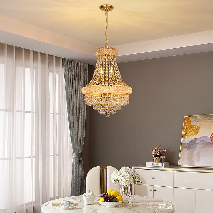 Crystal Chandeliers for Dining Room Light Fixtures Over Table, Empire Style K9 Crystal Chandelier for Living Room, 6 Lights Gold Luxury Lighting Fixtures for Bedroom Kitchen Island Entryway D15 Inch