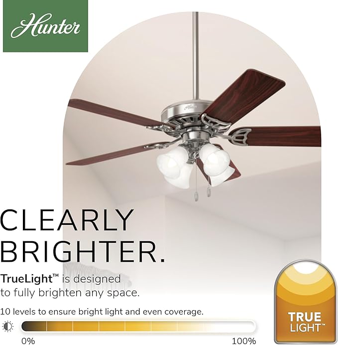 Hunter 52 inch Indoor Ceiling Fan with LED Lights and Pull Chain - Standard Mount Ceiling Fan, 5 Blades, For Bedroom, Living Room, or Kitchen, Quiet - Studio Series 53064, Brushed Nickel