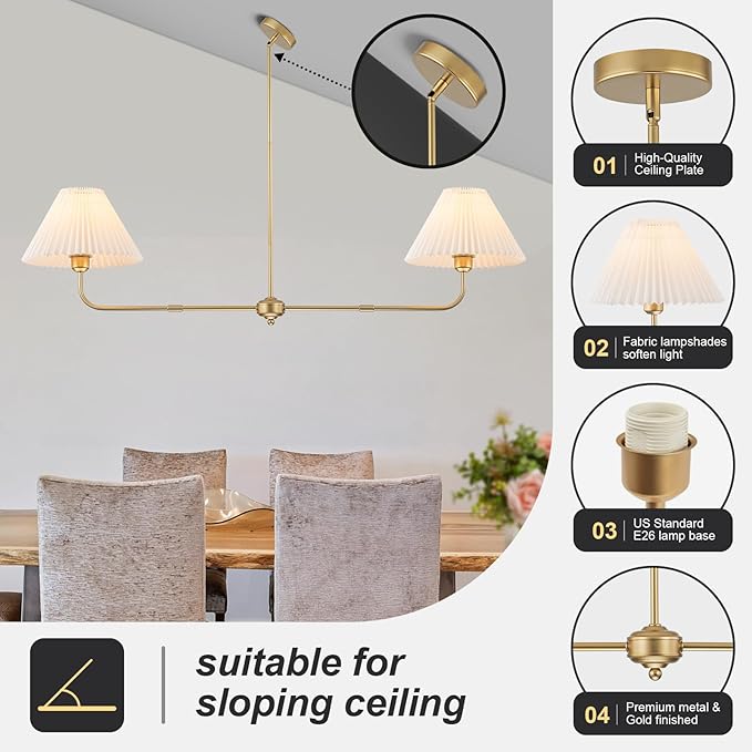 Gold Linear Chandelier, 2-Light Modern Chandelier for Dining Room Light Fixture, Kitchen Island Lighting with White Fabric Shade Linear Pendant Lights for Restaurant, Living Room, Bedroom