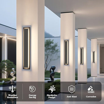 𝟐𝟒 𝐈𝐍 Long Black Outdoor Wall Light Exterior Light for House, Front Porch Light Fixture 𝟒 𝐏𝐚𝐜𝐤s, 24W Modern LED Outdoor Wall Sconce, Waterproof Outside Garage Light, 3000K Warm White