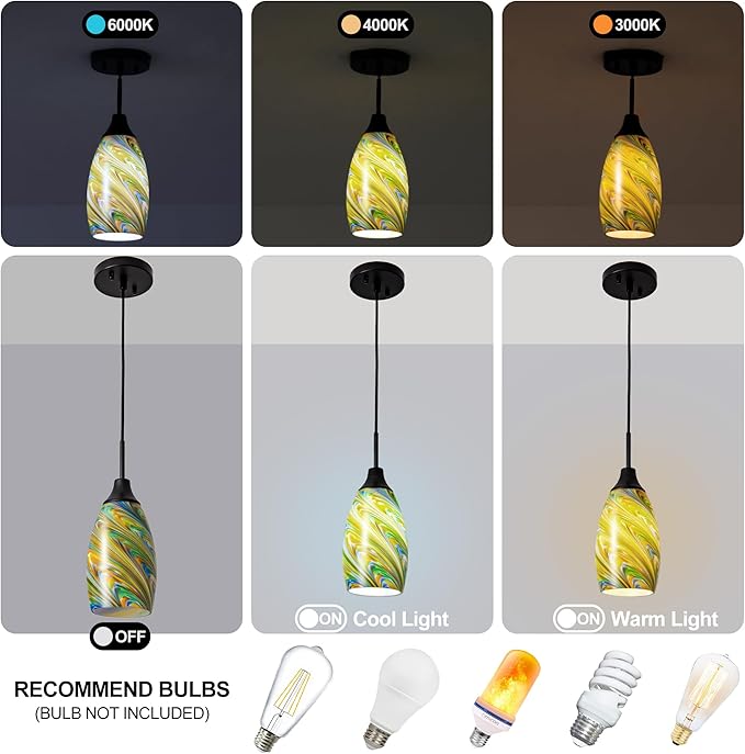 Viinew Mini Glass Pendant Light 4.72" Oval Pendant Lights 3-Pack Handblown Colorful Art Glass Hanging Pendant Light for Kitchen Island Dining Room Living Foyer Hallway Entry Matte Black Metal