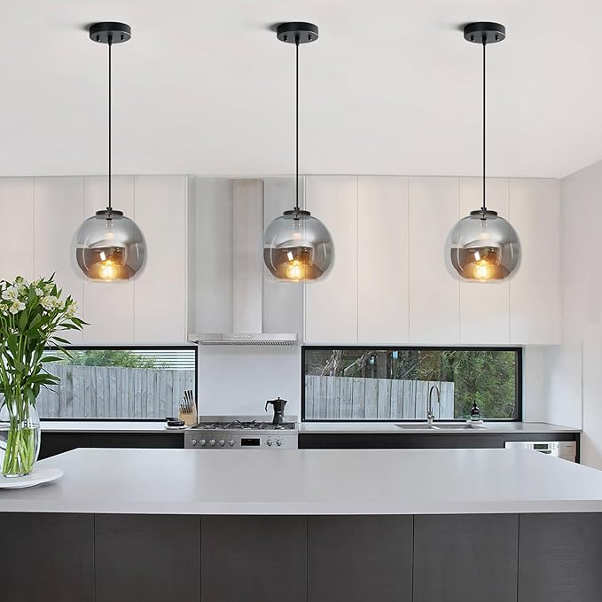 Mirror Smoke Gray Glass Pendant Lights Kitchen Island 3 Pack 7.87" Glass Globe Pendant Light Black Hanging Light Fixture Modern Pendant Lighting for Kitchen Island Bedroom Dining Room