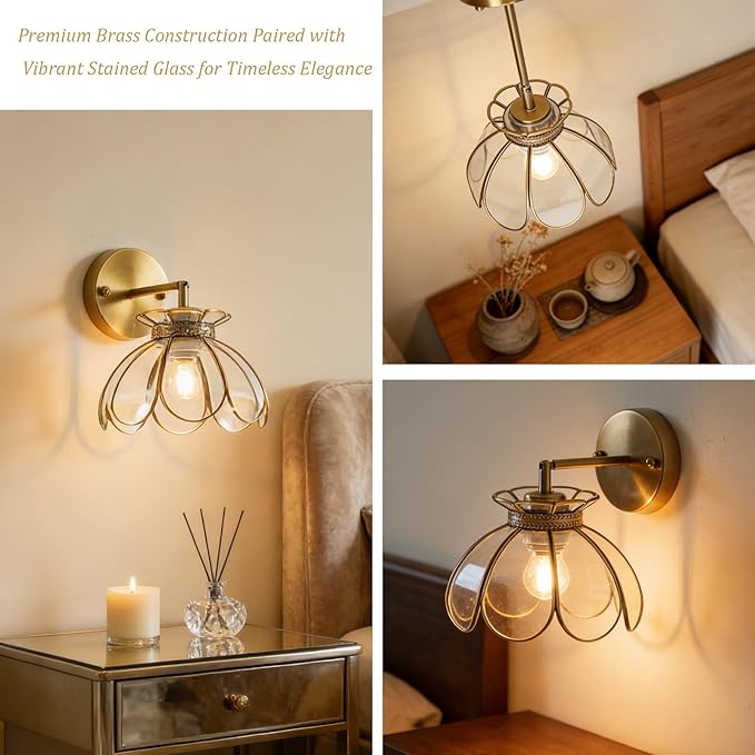 Vintage Brass Ceiling Pendant Light with Stained Lotus Flower Clear Glass Shade, Oriental Hanging Lamp or Wall Sconces Dual-Purpose, for Kitchen Island Dining Room Bedroom Living Room-7.9" Shade