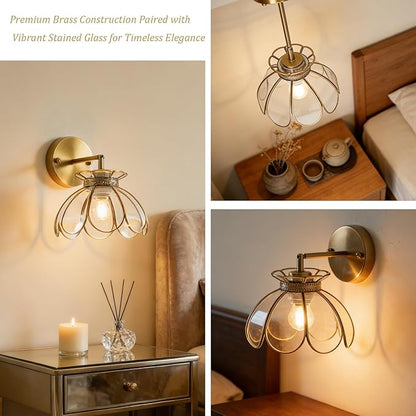 Vintage Brass Ceiling Pendant Light with Stained Lotus Flower Clear Glass Shade, Oriental Hanging Lamp or Wall Sconces Dual-Purpose, for Kitchen Island Dining Room Bedroom Living Room-7.9" Shade