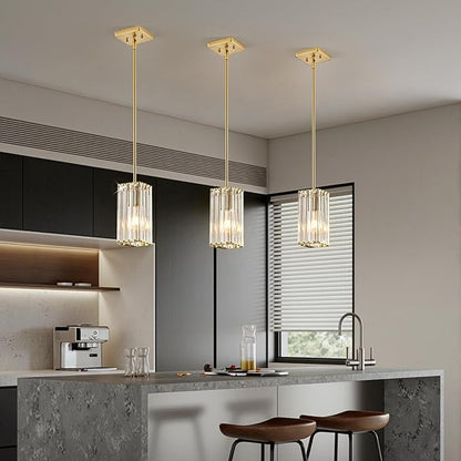 Modern Crystal Pendant Lights Kitchen Island, 3-Pack Brushed Gold Hanging Light with Clear Crystal Shade, Adjustable Height Pendant Lighting for Kitchen Island Dining Room Bedroom Bar Entryway