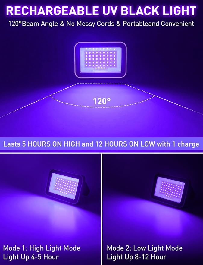 Rechargeable LED Black Light, Battery Powered Portable Blacklight, 400nm LED Flood Light Black Lights, Neon Glow Party, Blacklight Catfishing, Halloween, Glow in The Dark Decoration 2 Pack