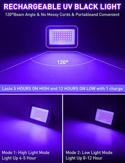 Rechargeable LED Black Light, Battery Powered Portable Blacklight, 400nm LED Flood Light Black Lights, Neon Glow Party, Blacklight Catfishing, Halloween, Glow in The Dark Decoration 2 Pack
