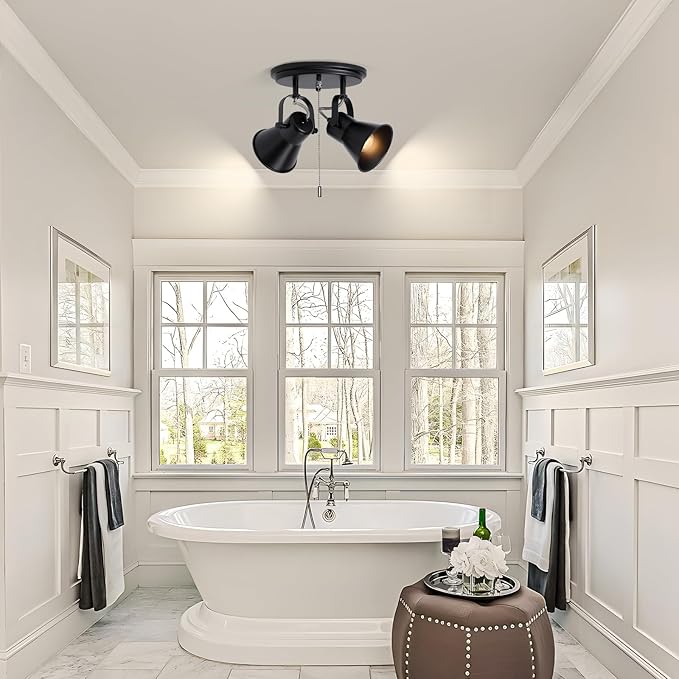 2-Light Black Track Lighting with Pull Chain, Industrial Adjustable Pull Chain Light Fixture Round Ceiling Light, Modern Flush Mount for Kitchen, Hallway, Dining Room