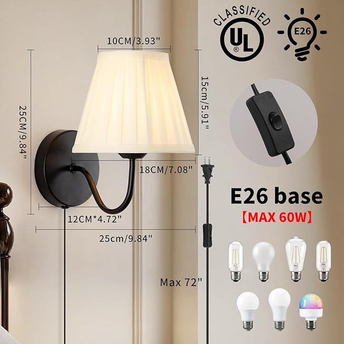 Plug in Wall Sconces with White Fabric Shades, Black Wall Sconces Set of Two, Modern Wall Lighting Fixture with On/Off Switch, Indoor Corded Wall Lamp for Bedroom, Living Room, Hallway, Bedside