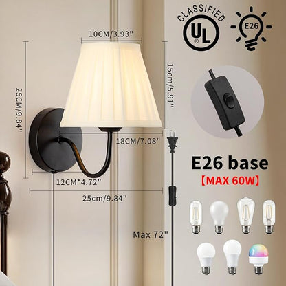 Plug in Wall Sconces with White Fabric Shades, Black Wall Sconces Set of Two, Modern Wall Lighting Fixture with On/Off Switch, Indoor Corded Wall Lamp for Bedroom, Living Room, Hallway, Bedside