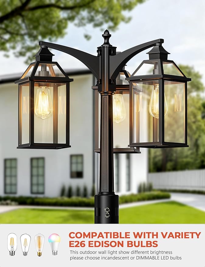 Outdoor Lamp Post Motion Sensor, Dusk to Dawn Pole Lights 3-Head, Classic Black 360°Detection Waterproof Anti-Rust Aluminum Street Lighting for Yard Backyard Patio Driveway