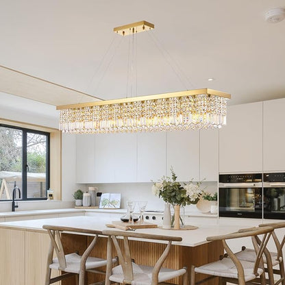 Siljoy Rectangular Gold Crystal Chandelier, 13-Light Modern Rectangle K9 Crystal Raindrop Chandelier, Luxury Dimmable Crystal Ceiling Light for Dining Room Living Room Kitchen Island L59''