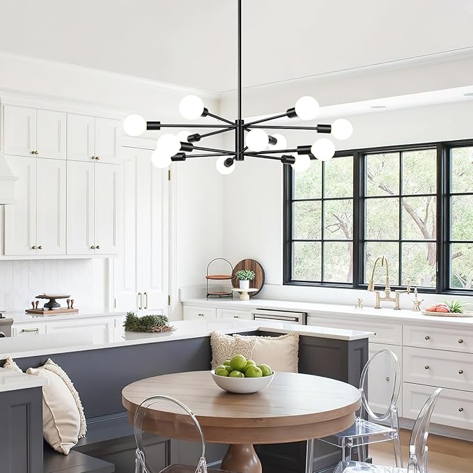 33" Modern Chandelier Ceiling Light Fixture, 12-Light Sputnik Chandeliers Matte Black Mid Century Chandelier Over Table, Height Adjustable Chandeliers for Dining Room Living Room (Bulbs Not Included)