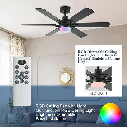 52in Ceiling Fans with Lights RGB Ceiling Fan with Light and Remote/APP Control,Low Profile Ceiling Fans with Lights for Bedroom,Living Room,Kids Room,3CCT Dimmable Modern Ceiling Fan, 6 Speeds,black