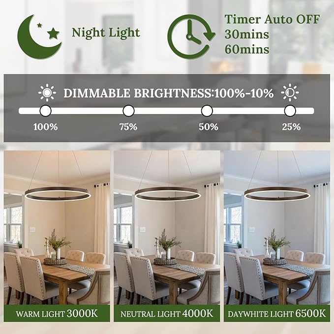 LED Ring Chandelier Walnut Wood Chandelier 24in Dimmable Round Foyer Chandeliers Light Modern Circular Chandeliers Wood-Printed Adjustable Pendant Light Fixture for Dining Room Entry Bedroom Office