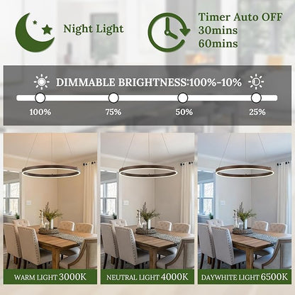 LED Ring Chandelier Walnut Wood Chandelier 24in Dimmable Round Foyer Chandeliers Light Modern Circular Chandeliers Wood-Printed Adjustable Pendant Light Fixture for Dining Room Entry Bedroom Office