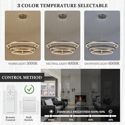 Modern LED Chandelier Black Wood Dimmable 3 Ring Brushed Nickel Chandeliers Light 24in Dining Room Chandeliers for Entryway Foyer Kitchen Island Living Room Study Room