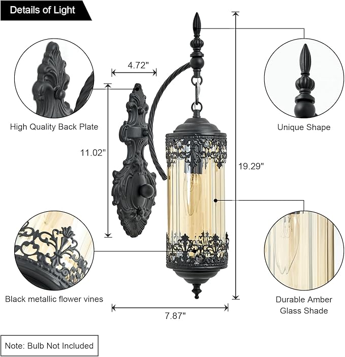 Vintage Wall Sconce with Amber Glass Shade, Rustic Black Farmhouse Wall Light Fixture, Antique Gothic Decorative Metal Wall Lamp for Hallway, Bedroom, Living Room, Entryway