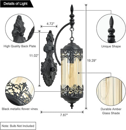 Vintage Wall Sconce with Amber Glass Shade, Rustic Black Farmhouse Wall Light Fixture, Antique Gothic Decorative Metal Wall Lamp for Hallway, Bedroom, Living Room, Entryway