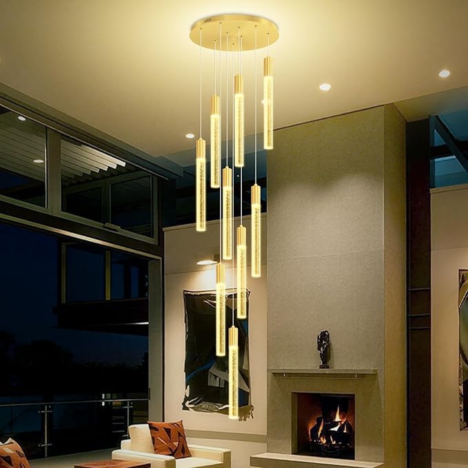 Modern 9-Light Crystal Chandelier – 98" High Ceiling Design Gold Dimmable LED Pendant Light for Foyer Living Room Hallway Staircase