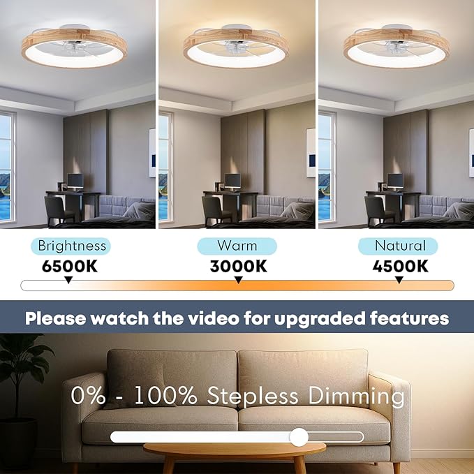 Fszdorj 20'' Ceiling Fan with Light, Upgraded Low Profile Fan, Flush Mount Ceiling Fan, 6 Speeds, Dimmable LED, App & Remote Control, Quiet DC Motor, for Bedroom, Living Room, F126 (23.6 INCH)