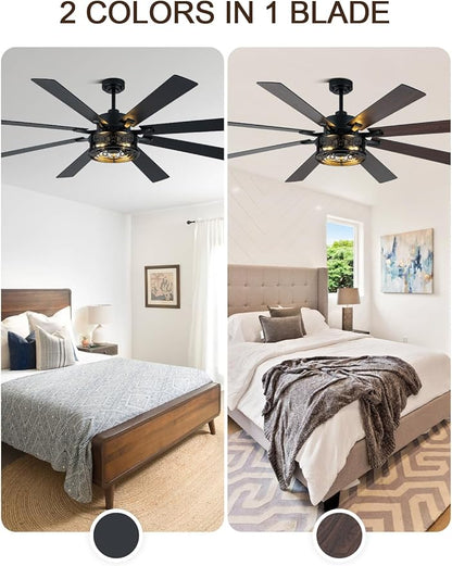 72 Inch Farmhouse Ceiling Fan with Lights and Remote Large Rustic Ceiling Fan Black Caged Fandelier Industrial Chandelier Light, Reversible Quiet DC Motor 6 Speed for Indoor Outdoor