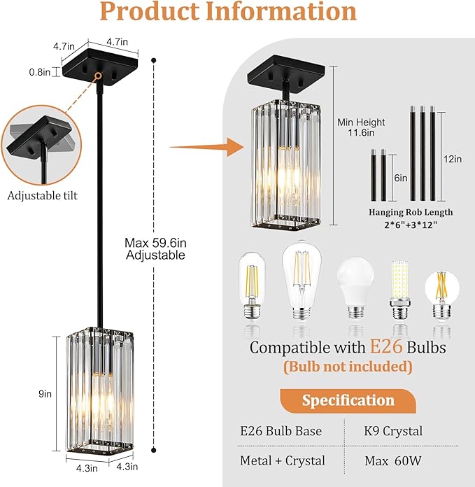 Modern Crystal Pendant Lights Kitchen Island, 2-Pack Black Hanging Light with Clear Crystal Shade, Adjustable Height Pendant Lighting for Kitchen Island Dining Room Bedroom Bar Entryway